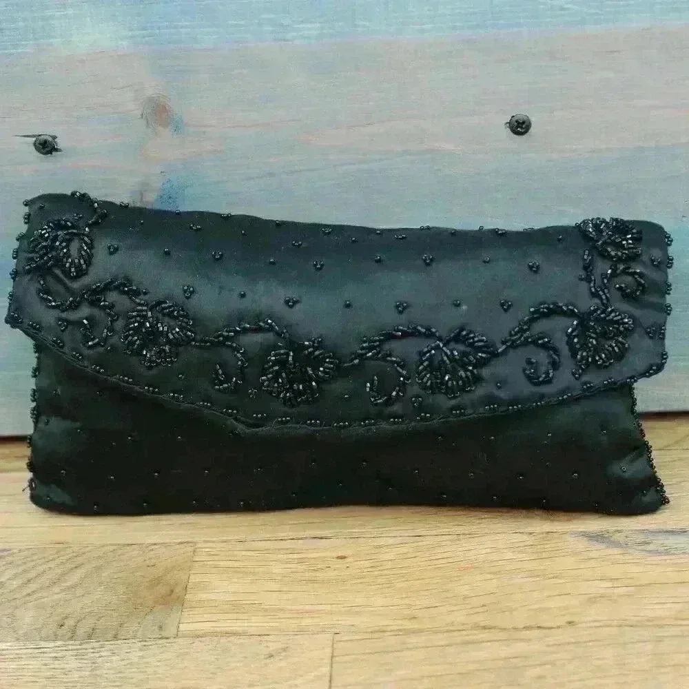 Set of 2 Vintage Black Bead and Sequin Formal Clutches Snap Closure Silky